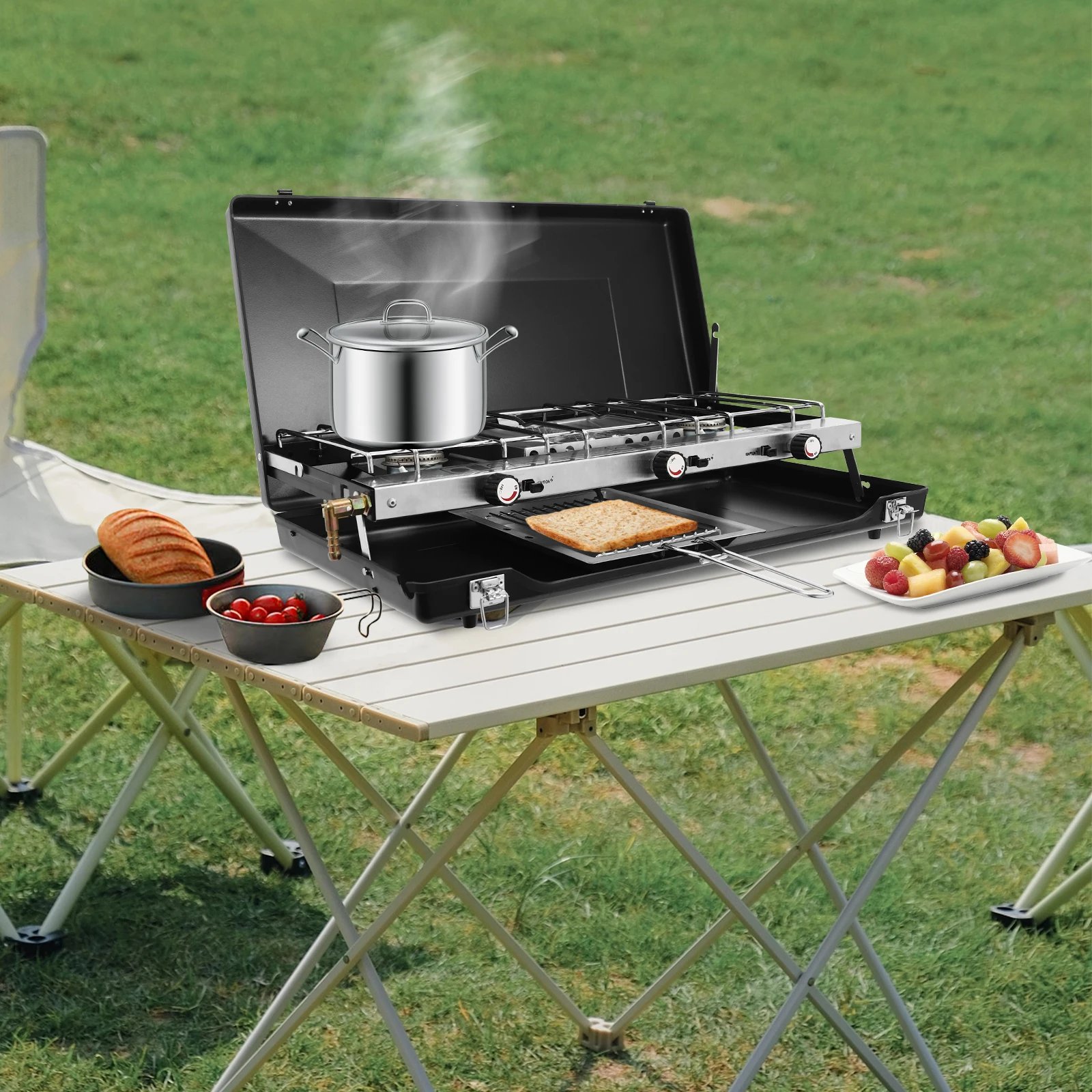 BYMAOCAR 3-Brenner Tisch-Gasgrill für Camping, Windgeschützter Deckel Tragbarer Propan-Butan-Herd für Outdoor-Picknick und Camping-Kochen