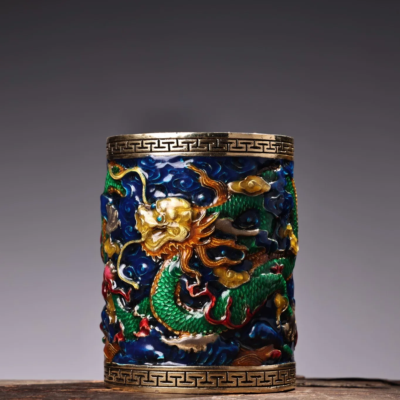 

4"Tibetan Temple Collection Bronze Cloisonne Enamel Dragon Texture Brush pot Pen holder Office Ornaments Amass wealth Town House