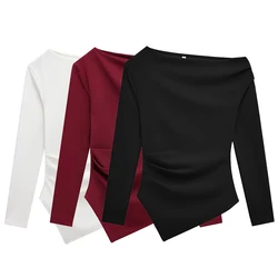 Willshela Women Fashion Solid Elastic Pleated T-Shirt Vintage Asymmetrical Neck Long Sleeves Female Chic Lady Blouse