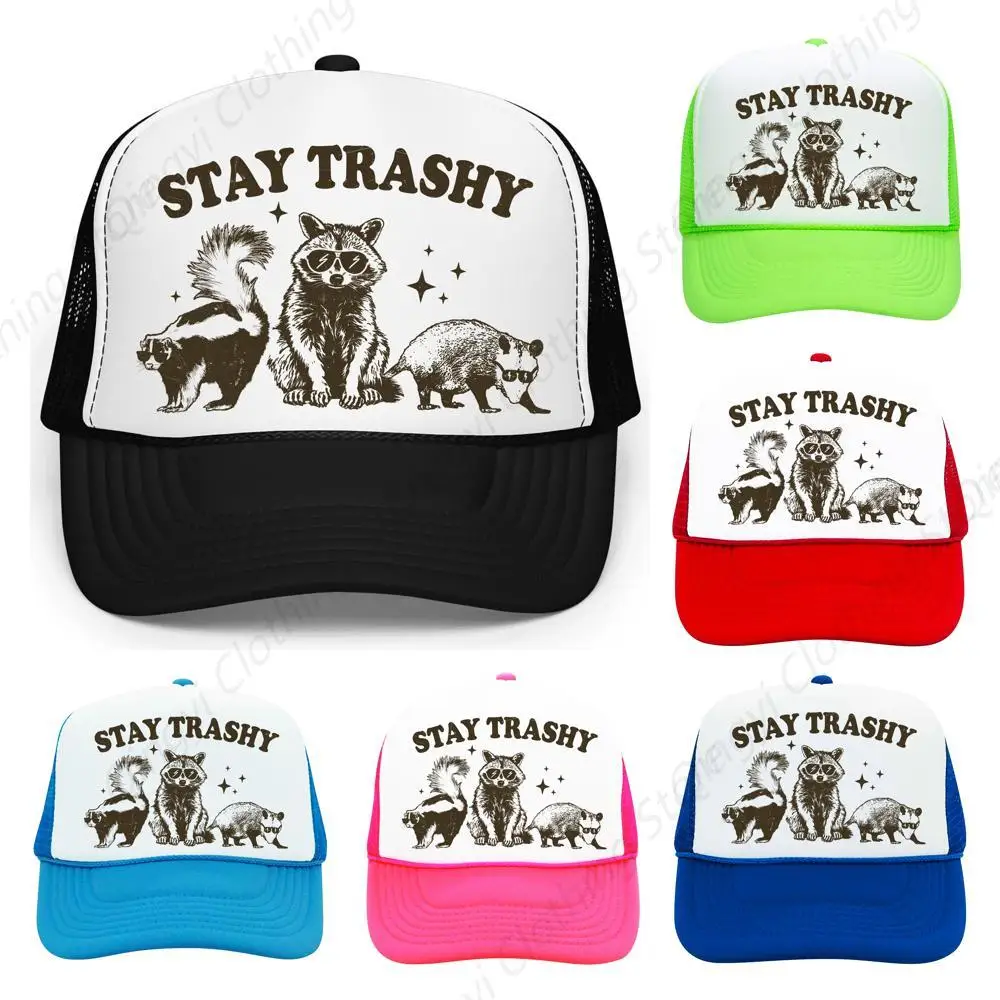 

Stay Trashy Funny Raccoon Graphic Classic 5 Panel Mesh Snap Back Trucker Hat Black Trucker Hat