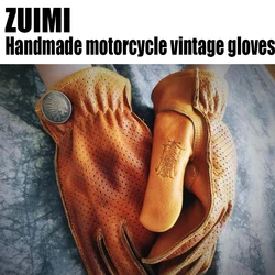 Handmade Vintage Leather Motorcycle Racing Glove Guantes Moto Luvas Full Finger Motocross MTB Biker Gloves Touchscreen Glove
