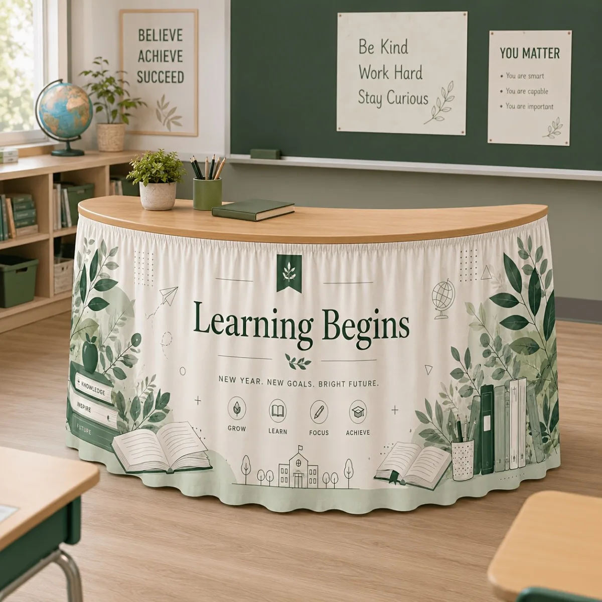 Tableskirt 2D flat printing1pc send a tablecloth, Zhuo skirt, 1pc green plant learning theme