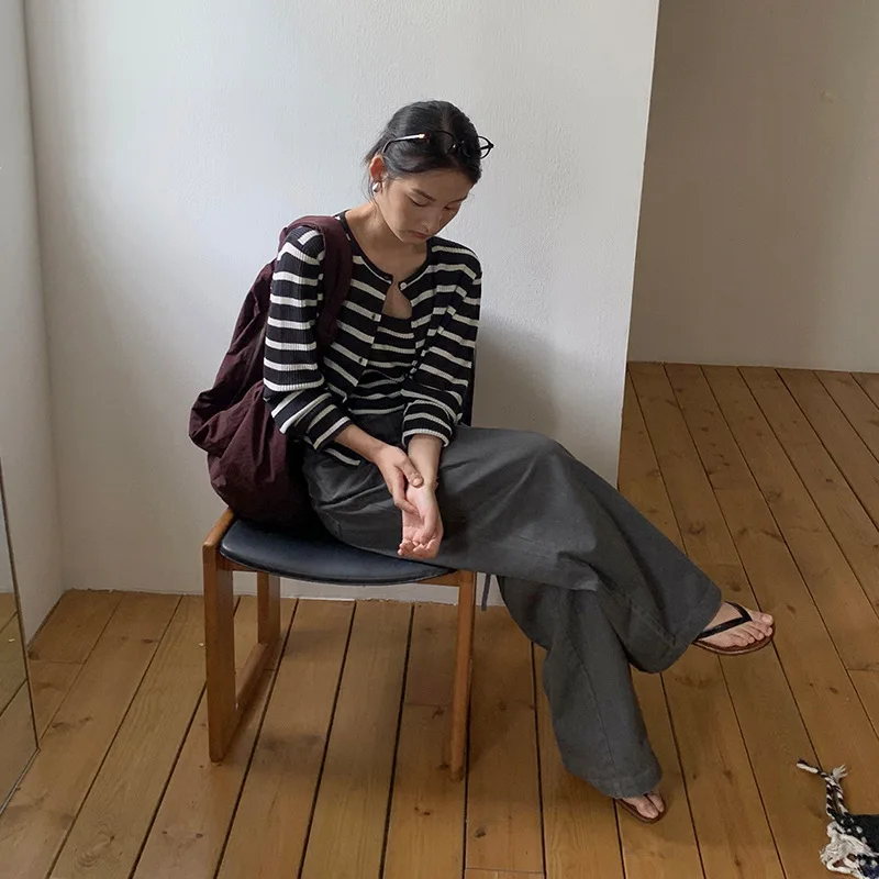 Striped Contrasting Color Knitted Cardigan Two-piece Set Women's 2024 Autumn New Basic Thin Crew Neck Top 23461