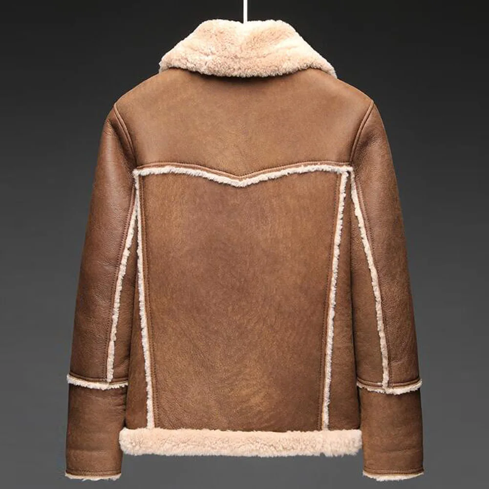 Denny&Dora Mens Shearling Coats Sheepskin Bomber Jacket Mens Short Brown Leather Jacket