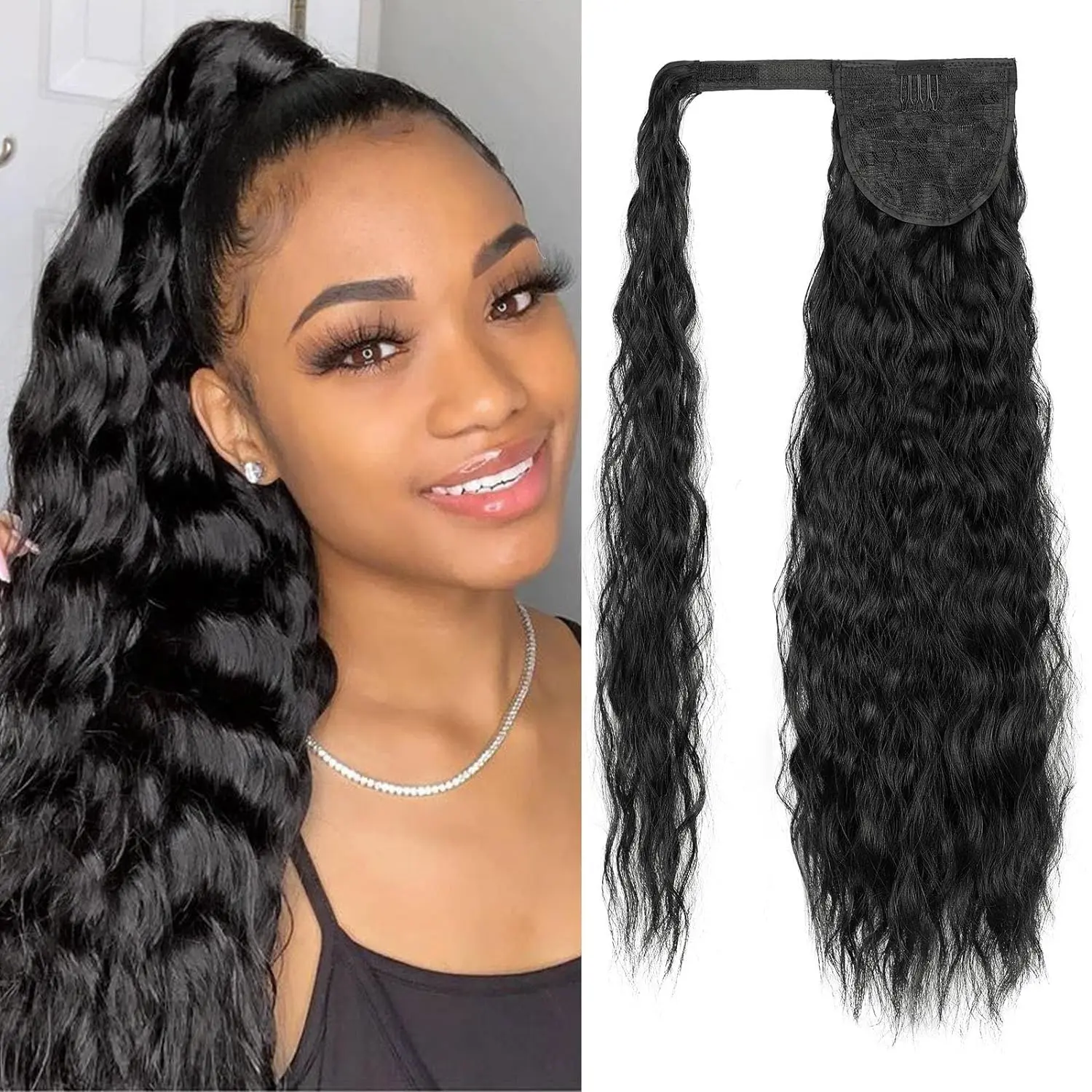 Corn Wave Ponytail Extension Clip in - 22Inch Long Wavy Curly Wrap Around Pony Tail Heat Resistant Synthetic Hairpiece for Women