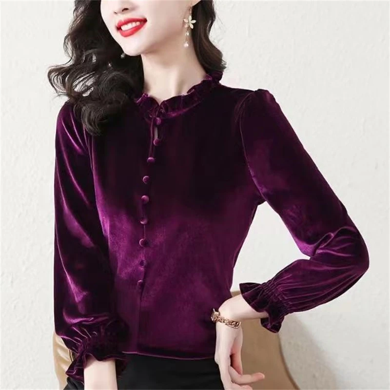 Women\'s Korean Fashion Ruffle Vintage Golden Velvet Elegant T-shirts Autumn Winter Chic Solid Long Sleeve Slim Button Plush Tops