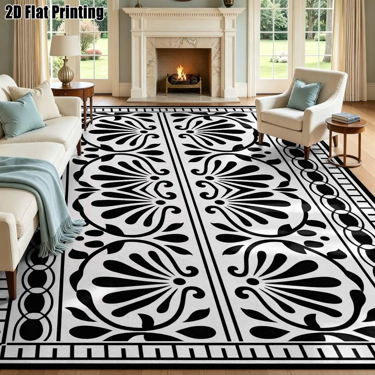 1Pc 2D Printed Black White Geometric Carpet: Vintage, Nordic, Modern Minimalist, Instagram Style, Machine Washable, Multi-Size, Multi-Scene Home Decor