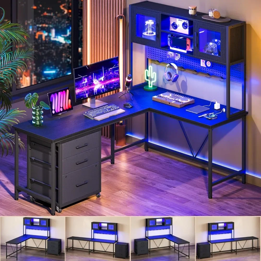 L Shaped Gaming Desk with Hutch, Reversible Computer Desk with Drawers, Storage Shelves & Pegboard, Modern Home Office Desks