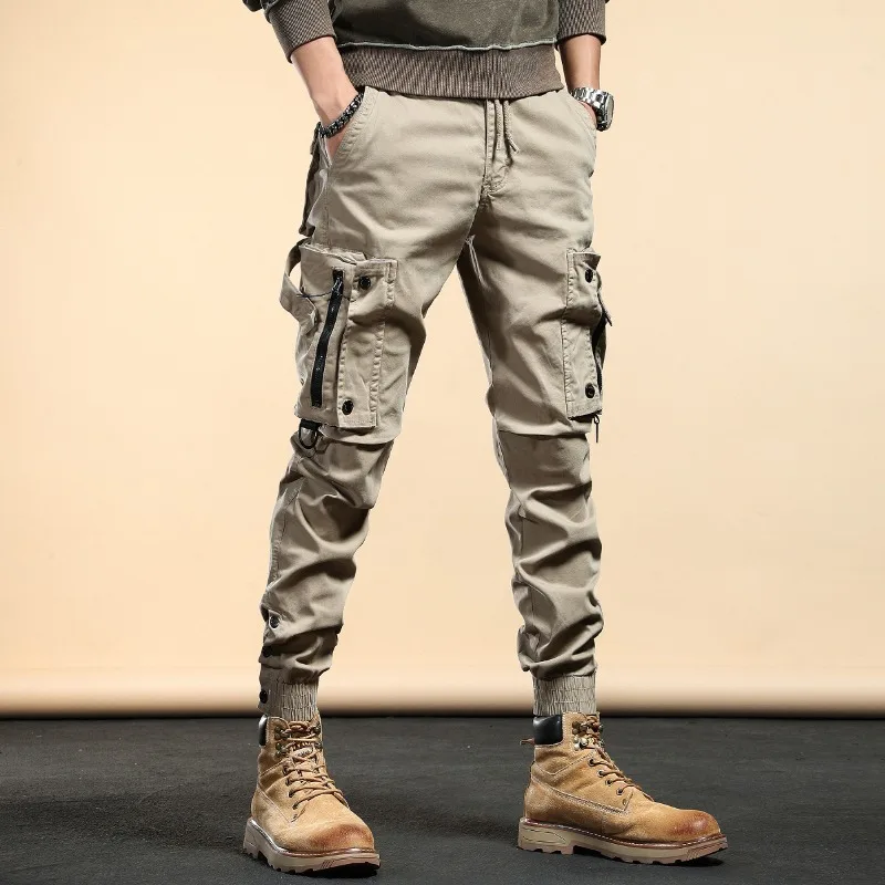 Prowow American retro heavyweight multi pocket work pants men's loose straight leg drawstring pants wide leg casual pants