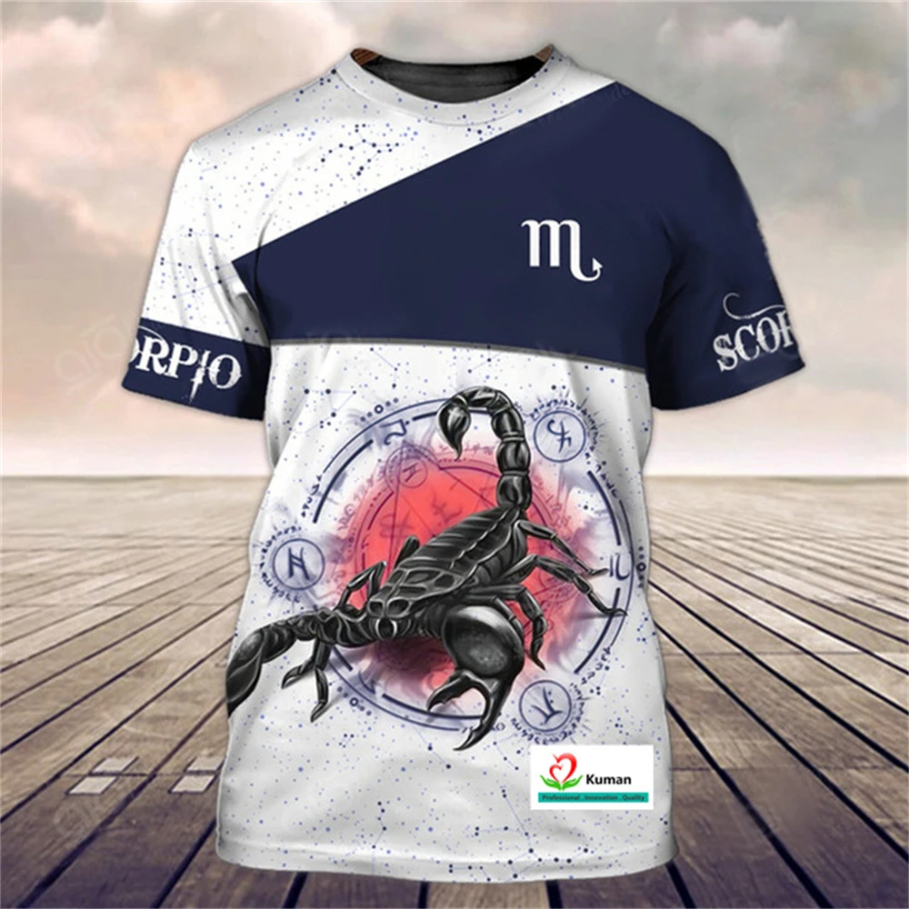 Scorpio pattern 3D printing summer men\'s and women\'s round neck T-shirts, casual short sleeved streetwear, oversized tops, trend