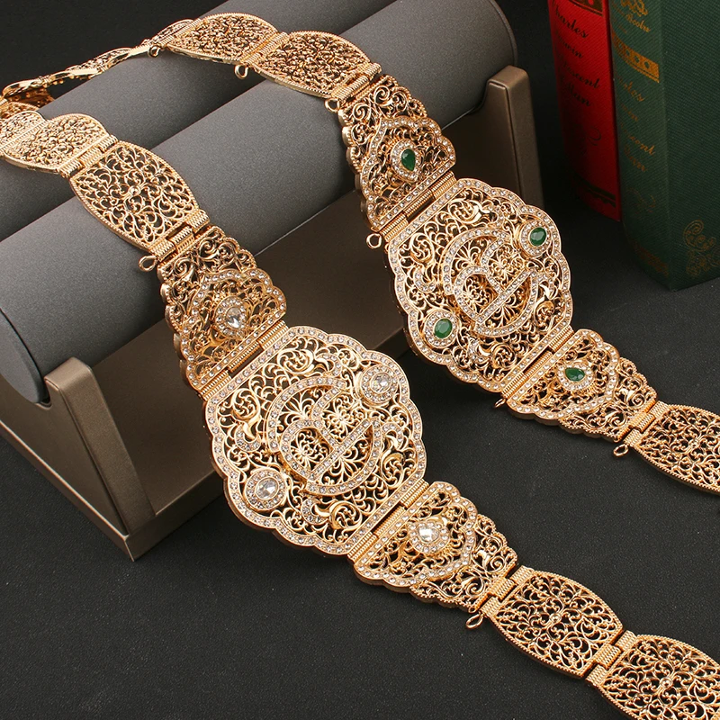 Ceinture pour Robe de mariée marocaine, chaîne de taille pour femmes arabes, couleur or, rouge, vert, cristal, chaîne de ventre en métal, longueur réglable, nouvelle collection