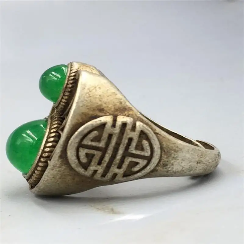 China Tibet Tibetan Ethnic Style Cupronickel Silver Plated Mosaic Green Gem Ring Women's Pattern Open Ring Adjustable Unisex