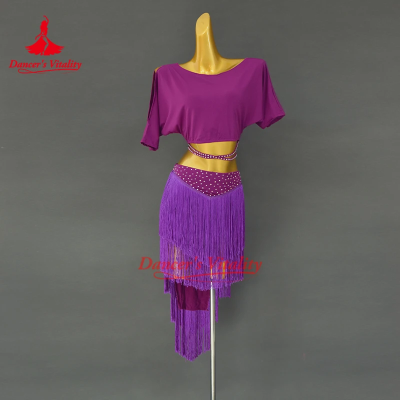 Traje de performance de dança do ventre feminino manga curta + saia curta com borla 2 peças roupa de prática de dança oriental