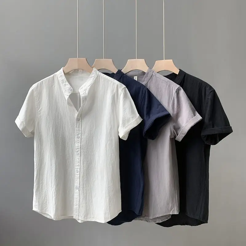 

Linen Cotton Vintage Chinese Style Male Shirts Summer Short Sleeve Breathable Comfort Soft Lightweight Fabric Plain Button