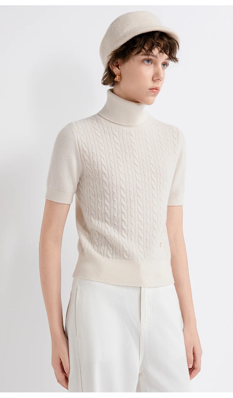 TH662122 Damen Rollkragenpullover mit Zopfmuster, Kurzarm, 100% Kaschmir, Gerippter Saum, Gemütlich, Lässig-Schick, Frühherbst – Detail 6