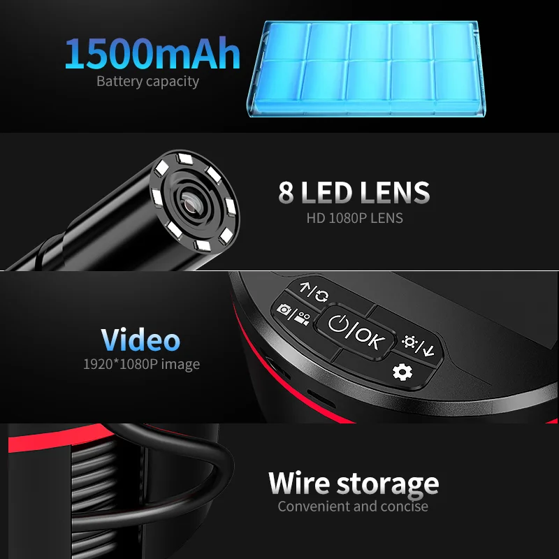 Industrial Endoscope Camera 4.3'' LCD Screen HD Digital Stwoable Endoscope IP67 Waterproof Sewer Inspection Camera with 8 LED