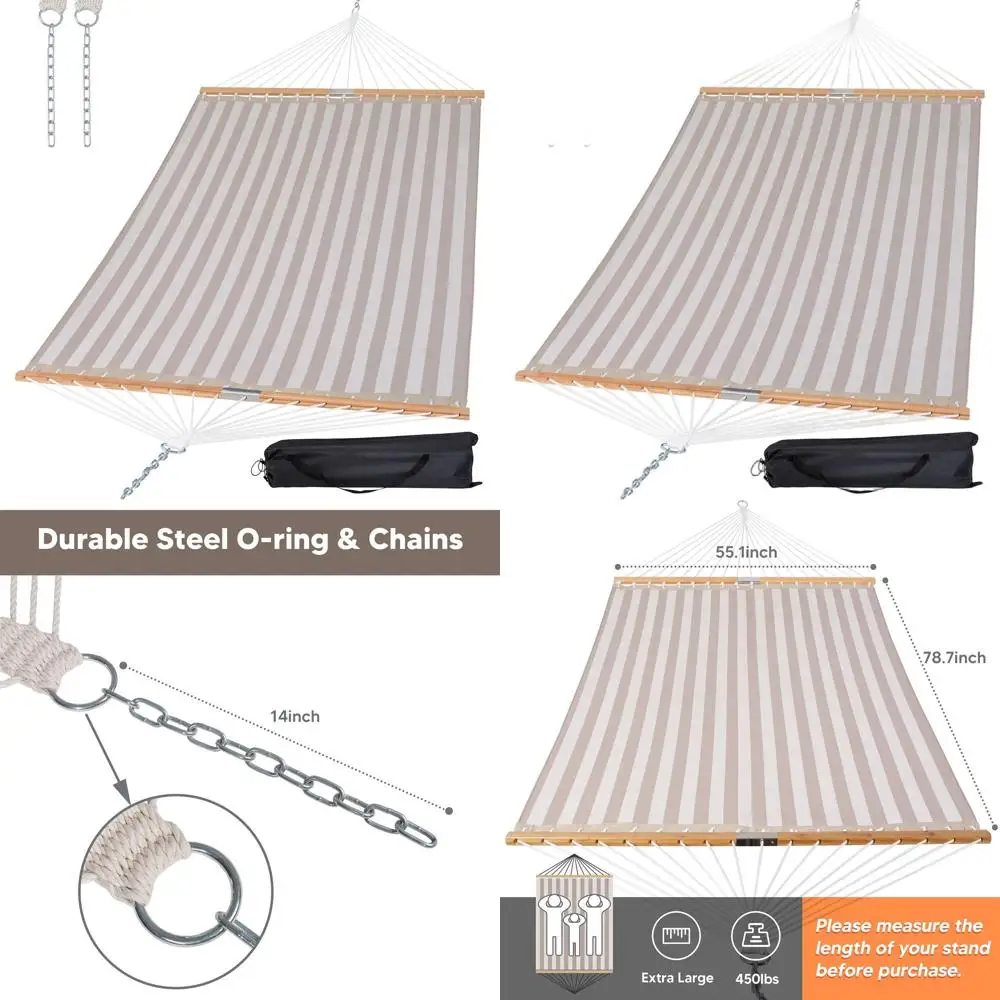 

Double 14FT Quick-Dry Hammock with Spreader Bar for Outdoor Use, 2-Person, 450 lbs, Light Gray Stripes