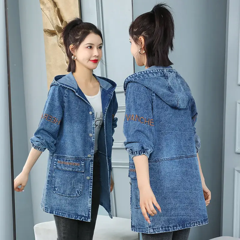 

Spring Autumn Korean Pop Nice Hooded Denim Jacket Women Outerwear Loose Vintage Windbreaker Coat Female Mid-length Jeans Outcoat