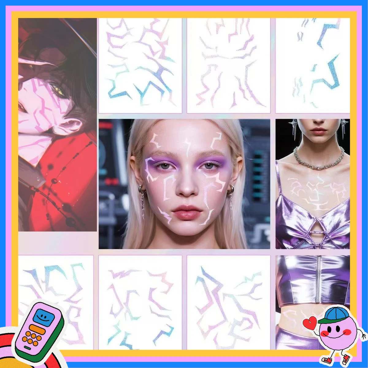 ملصقات الوشم المؤقت بالليزر أنيمي تأثيري مرحلة الأداء ماكياج مقاوم للماء الوجه ملصق زينة حفلة الهالوين