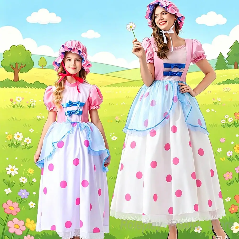 

Story Toy Bo Peep Cosplay Dress Halloween Shepherdess Performance Pink Polka Dot Princess Dress Women Role Play Fancy Costume