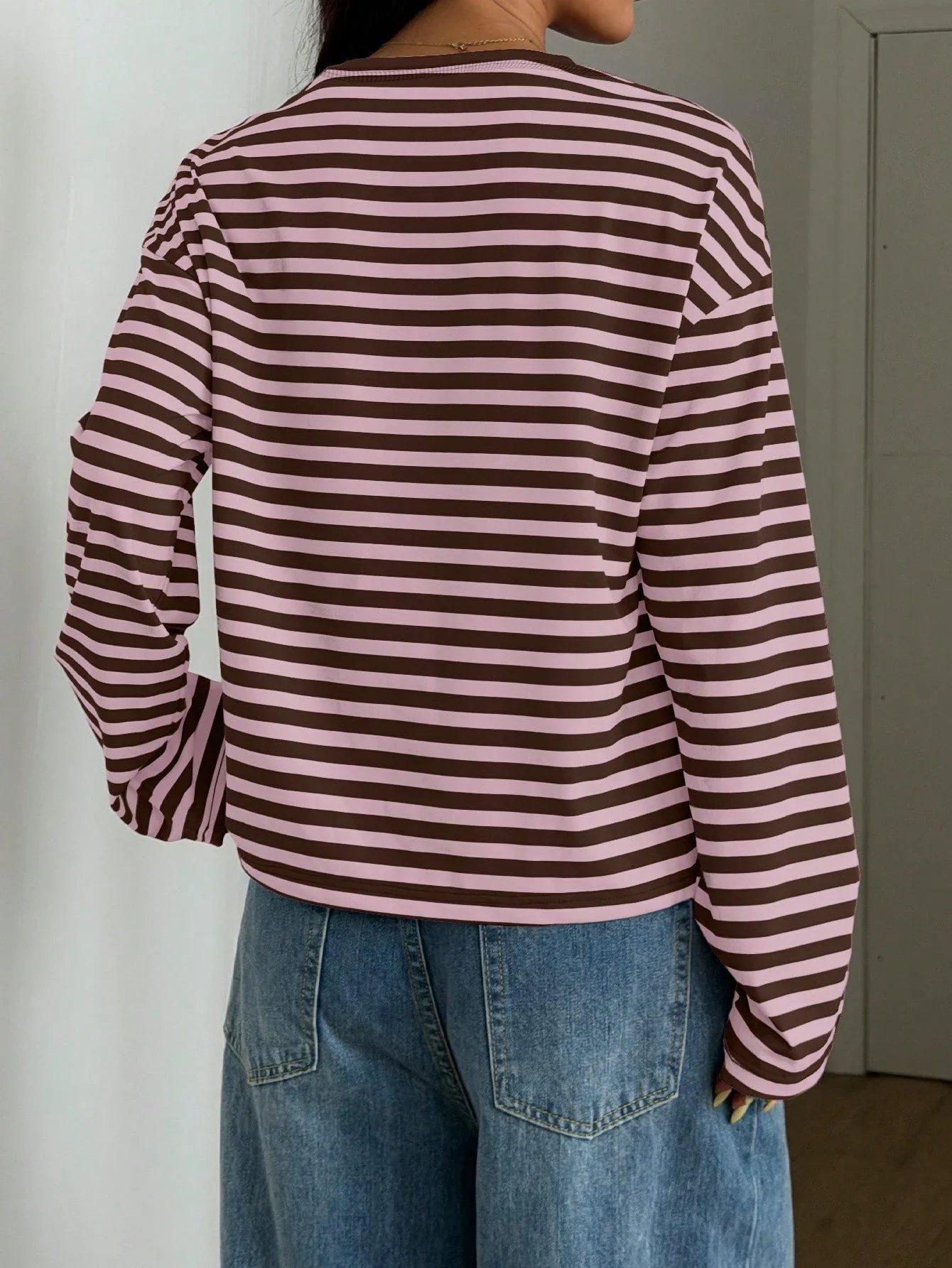 Casual Drop Shoulder Loose Striped Long Sleeve Top Spring