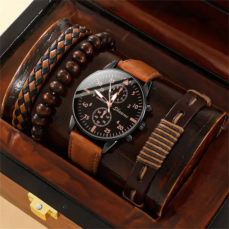 

New Men Watch Luxury Bracelet Set Fashion Business Brown Leather Quartz Wrist Watches for Men Gift Set Relogio Masculino