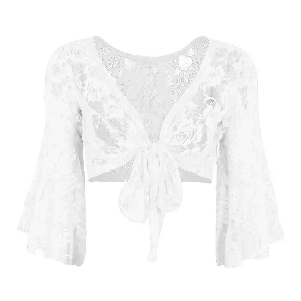 Cardigan curto de renda manga longa encolher de ombros camisa de renda ginástica cobrir cardigan envolve 2025 vermelho preto feminino dança do ventre topo