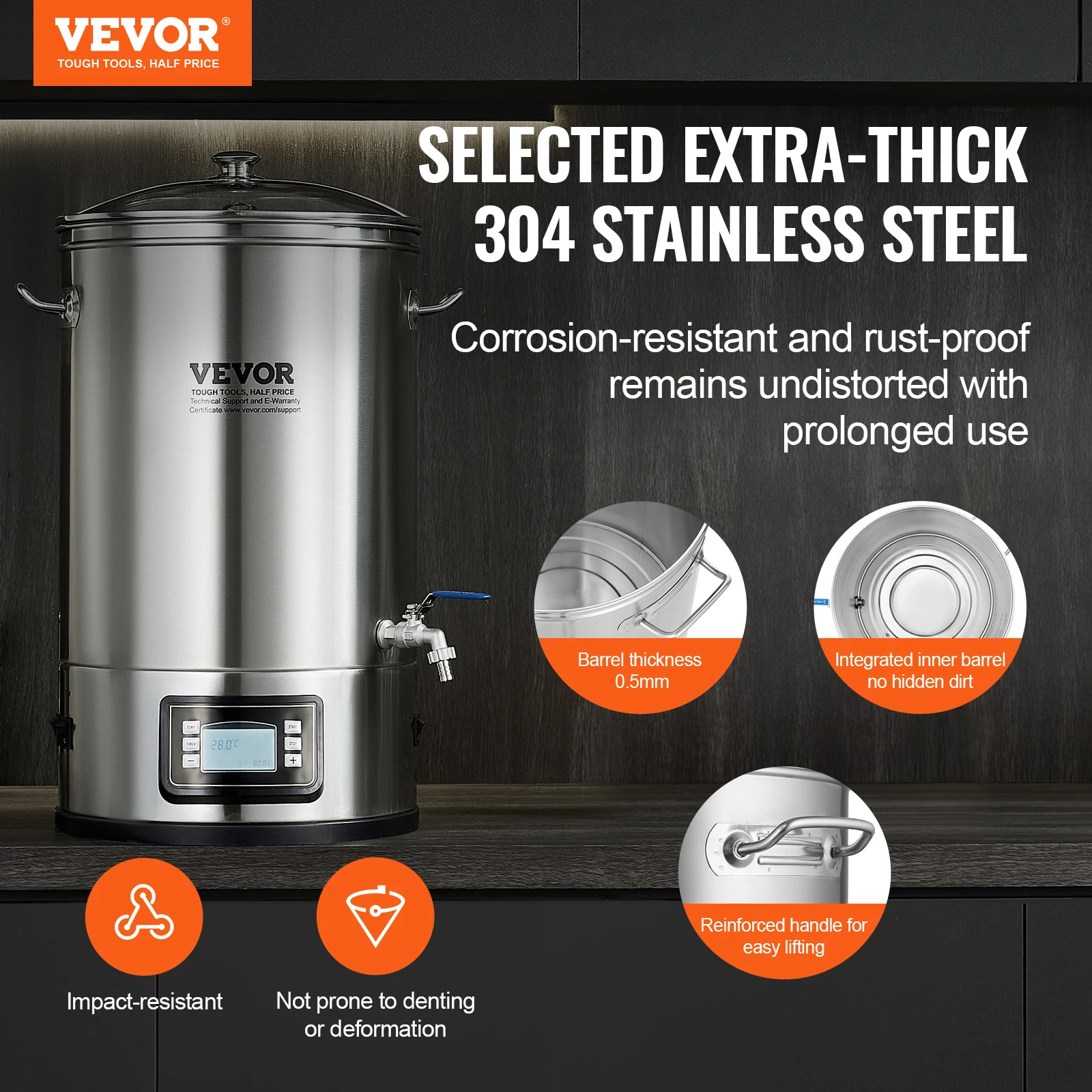 VEVOR Electric Brewing System, 8GAL Brewing Stock Pot, All-in-One Home Beer Brewer, 304 Stainless Steel Brewing Supplies w/Panel