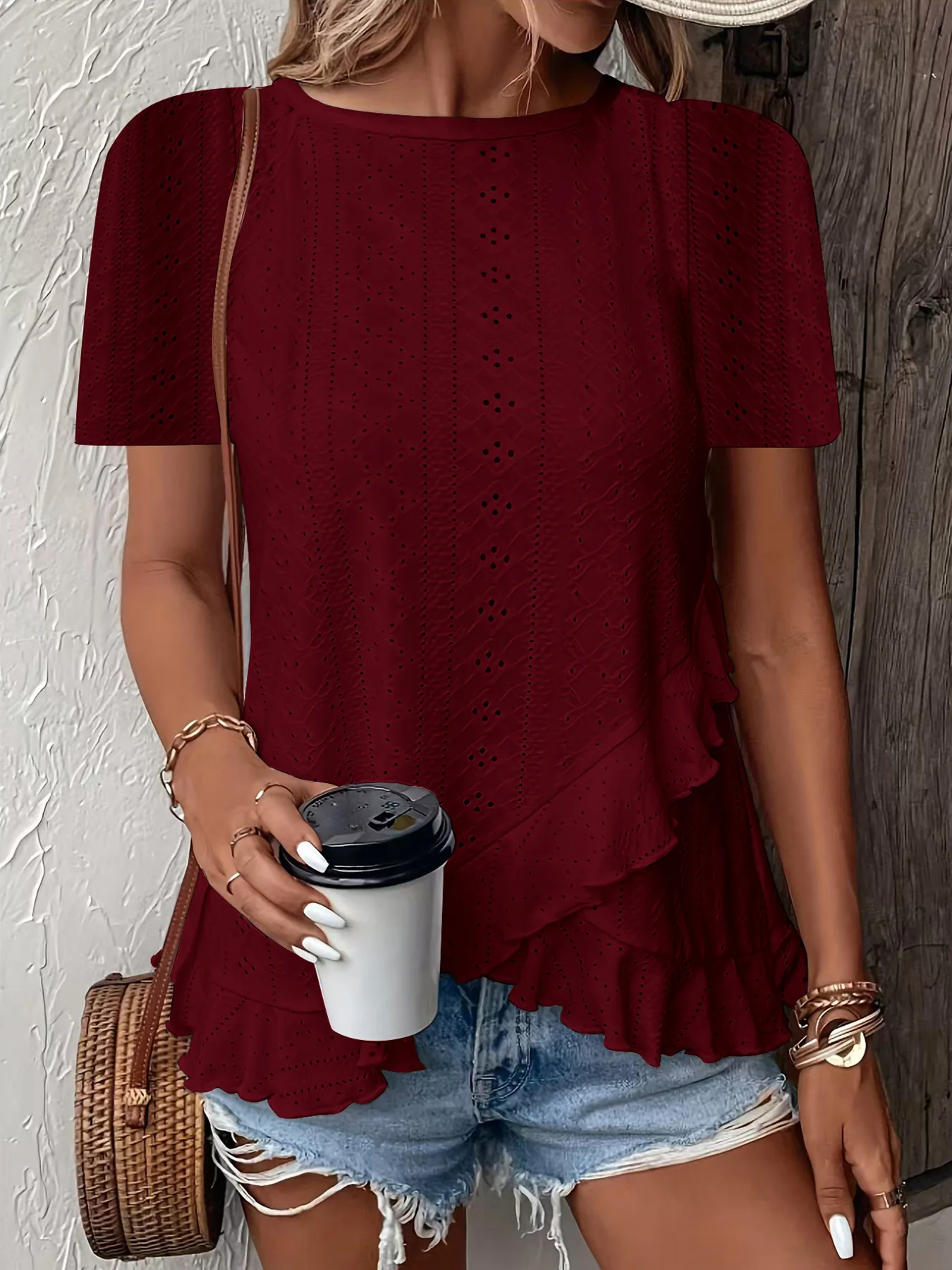 Damska koszulka z krótkim rękawem, okrągły dekolt, gładka, prosta, koronkowa, codzienna, nowa kolekcja lato 2025.