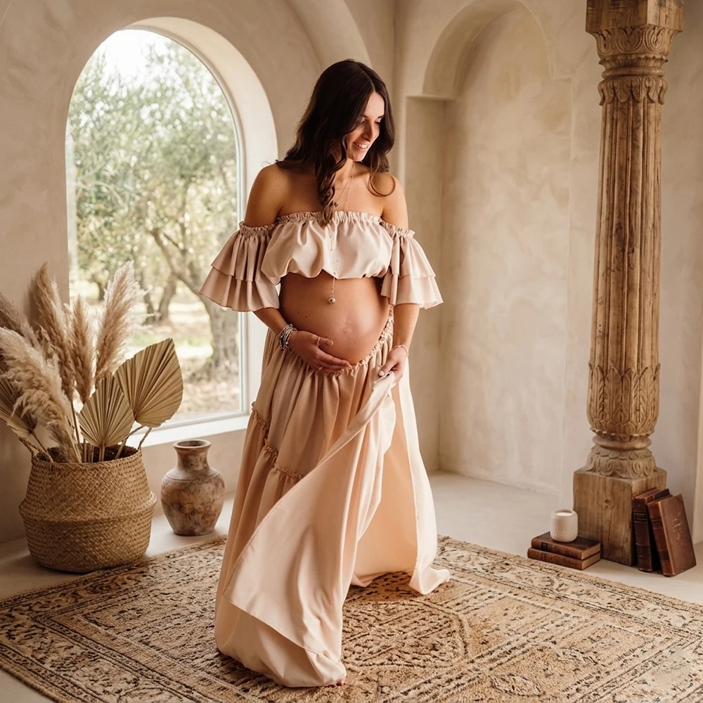 Maternity Photography Props Boho 2 Piece Dress Set Ruffle Crop Top Long Skirt Suite Pregnancy Photoshoot Gown Bebe Costume