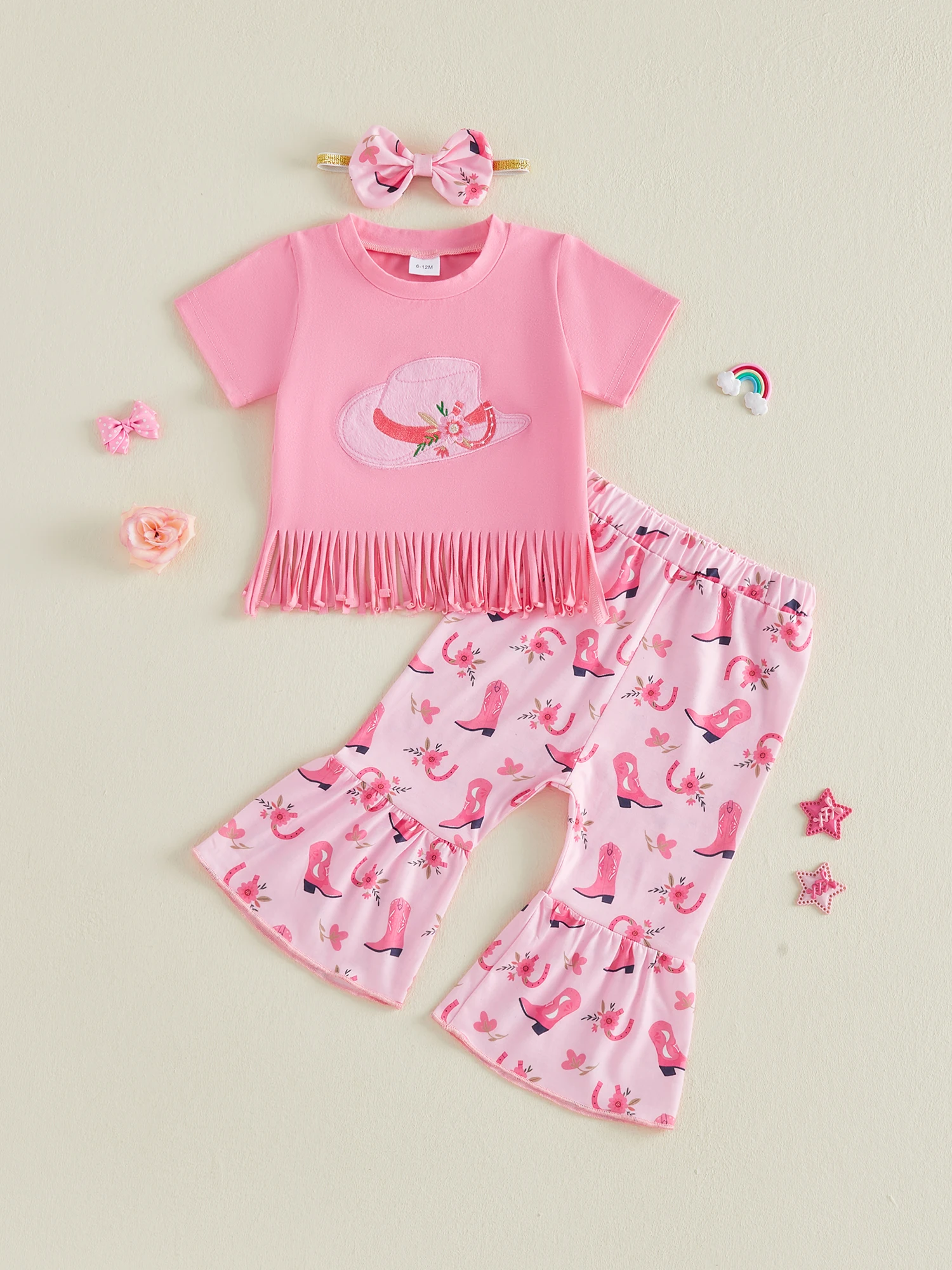 

Adorable Infant Girls Cowgirl Costume Set with Printed Tassel Top Bell Bottoms and Western Hat - 3 Piece Outfit