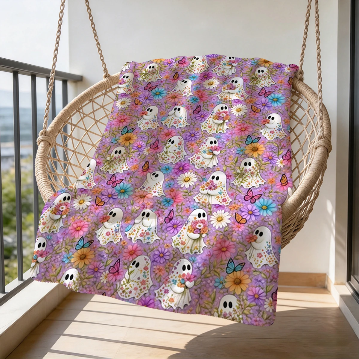 Purple Floral Cute Ghosts Flannel Blanket Warm Soft Halloween Christmas Couch Warm Cozy Decorative Decor Gift for All Season