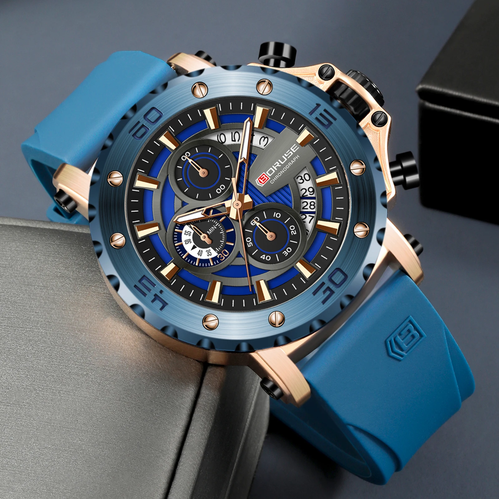 BORUSE Fashion Blue Watches for Men Luxury Chronograph Wristwatch Waterproof Military Silicone Watch Men Sport Luminous