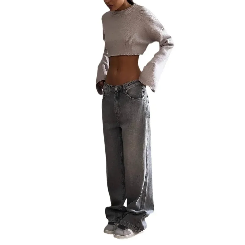 アメリカンスタイルのレトログレーウォッシュ加工ダメージデニムワイドレッグハイウエストルーズフィットフロアレングスカジュアルパンツ女性用