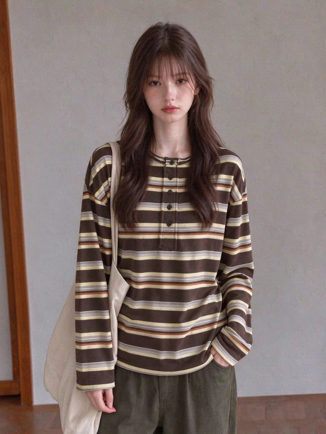 Loose Fit Long Sleeve T-Shirt Women's Early Autumn Henry Collar Roll up Hem Striped Casual Style Korean Style Top