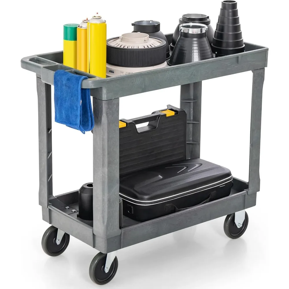 Service Utility Cart, 2-stufiger Hochleistungs-PP-Rollwagen mit einer Kapazität von 550 lbs, 2 Universal räder, ergonomischer Griff