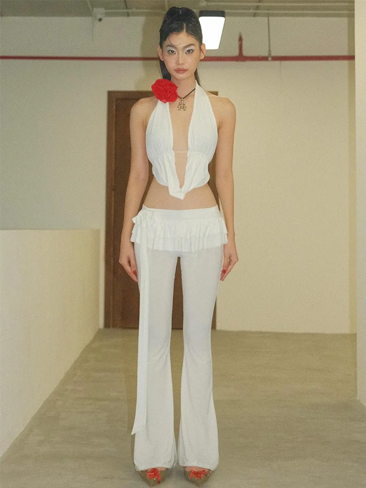 Absobe-Pantalon évasé à volants pour femme, patchwork à double couche, taille moyenne, Slim FjHottie, Streetwear à la mode, Y2K