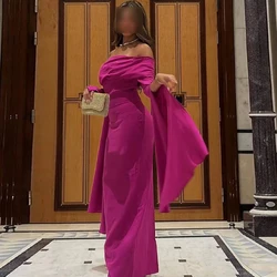 Elegant Evening Dress Purple Straight Boat Neck Floor Length Boat Neck Off the Shoulder Jersey Long Sleeves Pleats Saudi Arabia