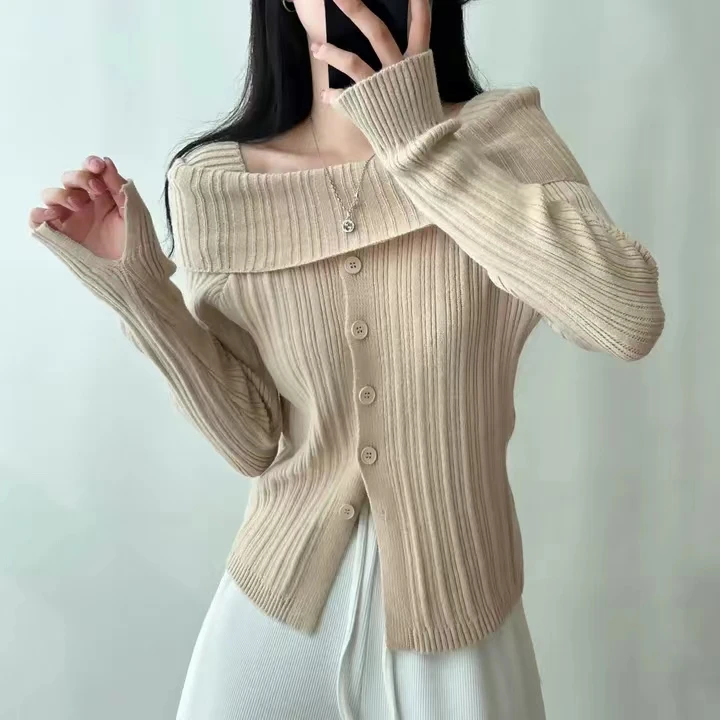 

Soft Cozy Women's Base irt Spring Autumn oulder Bared One-oulder Top Faionable Slim Fit Long Sve Pure Color Knitwear