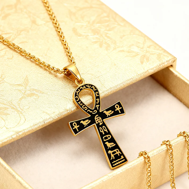 المصرية عنخ الصليب قلادة قلادة الفولاذ المقاوم للصدأ سلسلة مصر القديمة الهيروغليفية الهيب هوب مجوهرات للرجال النساء هدية #2