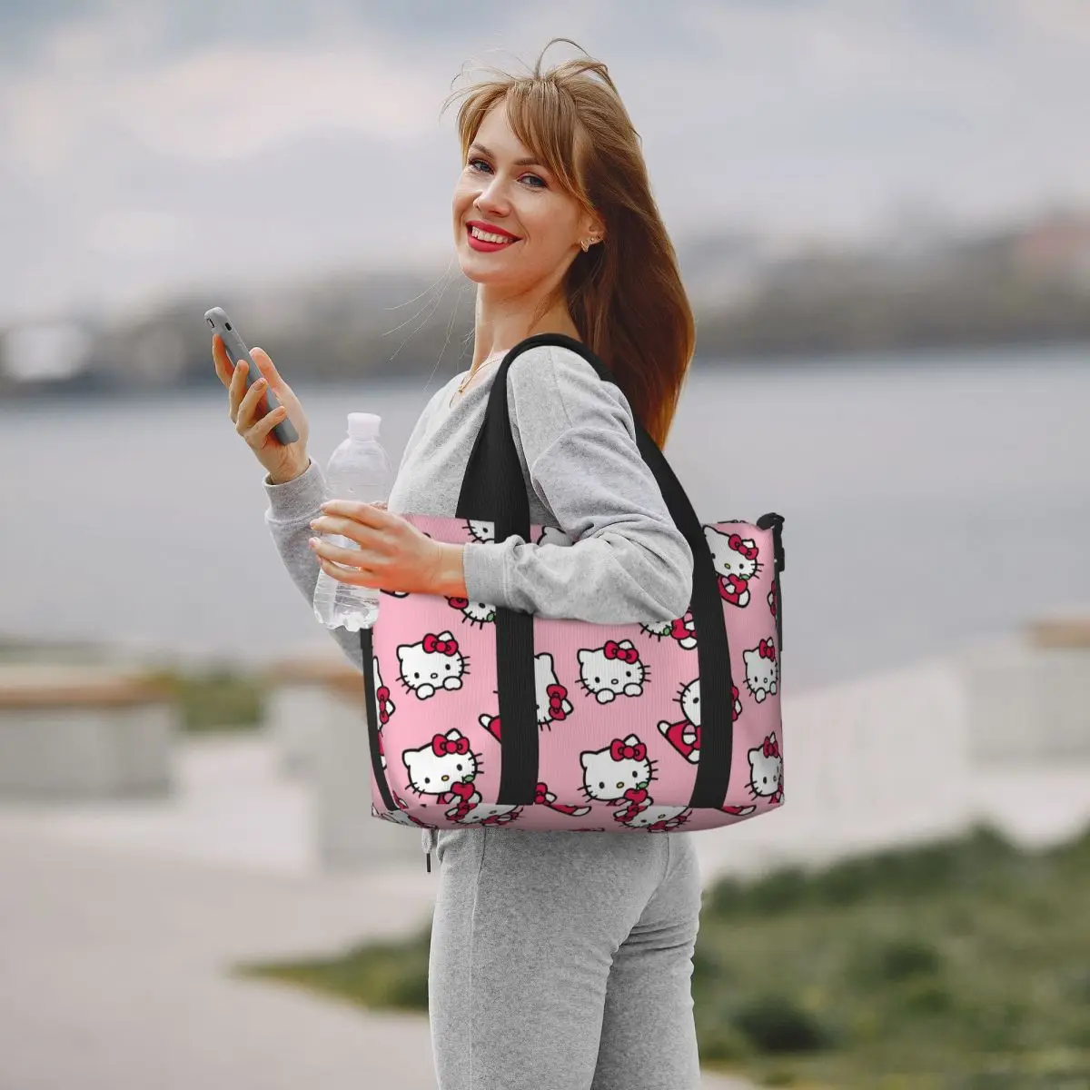 Sacola padrão Hello Kitty personalizada para mulheres, grande capacidade, praia, ginásio, sacos de viagem