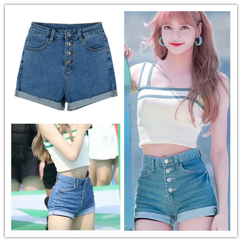 Kpop Korean Singer Women\'s Solid Color Denim Shorts High Waist Vintage Slim Shorts Lady Summer Single-breasted Pocket Shorts