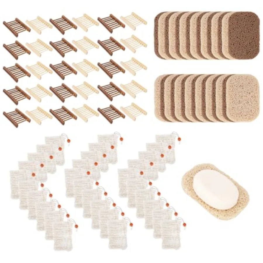 

90 Pcs Soap Saver Set with Wooden Dish, Exfoliating Bag, Bar Soap Holder Mesh Bag, Saver Pads Bulk with Self-Drain, Soap Suppli