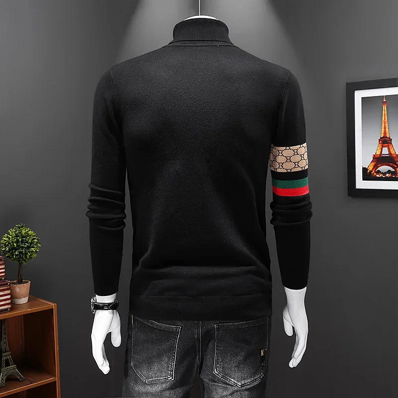 Suéter de punto bordado de cuello alto para hombre, Jersey cálido de marca de diseñador exquisito, ropa de otoño e invierno, negro y amarillo, nuevo