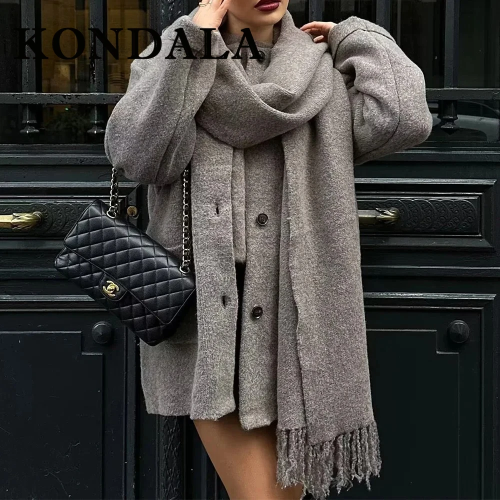 

KONDALA шикарное однотонное зимнее модное пальто 2024, женское роскошное пальто с шарфом, тонкое теплое винтажное длинное зимнее пальто, однобортная верхняя одежда