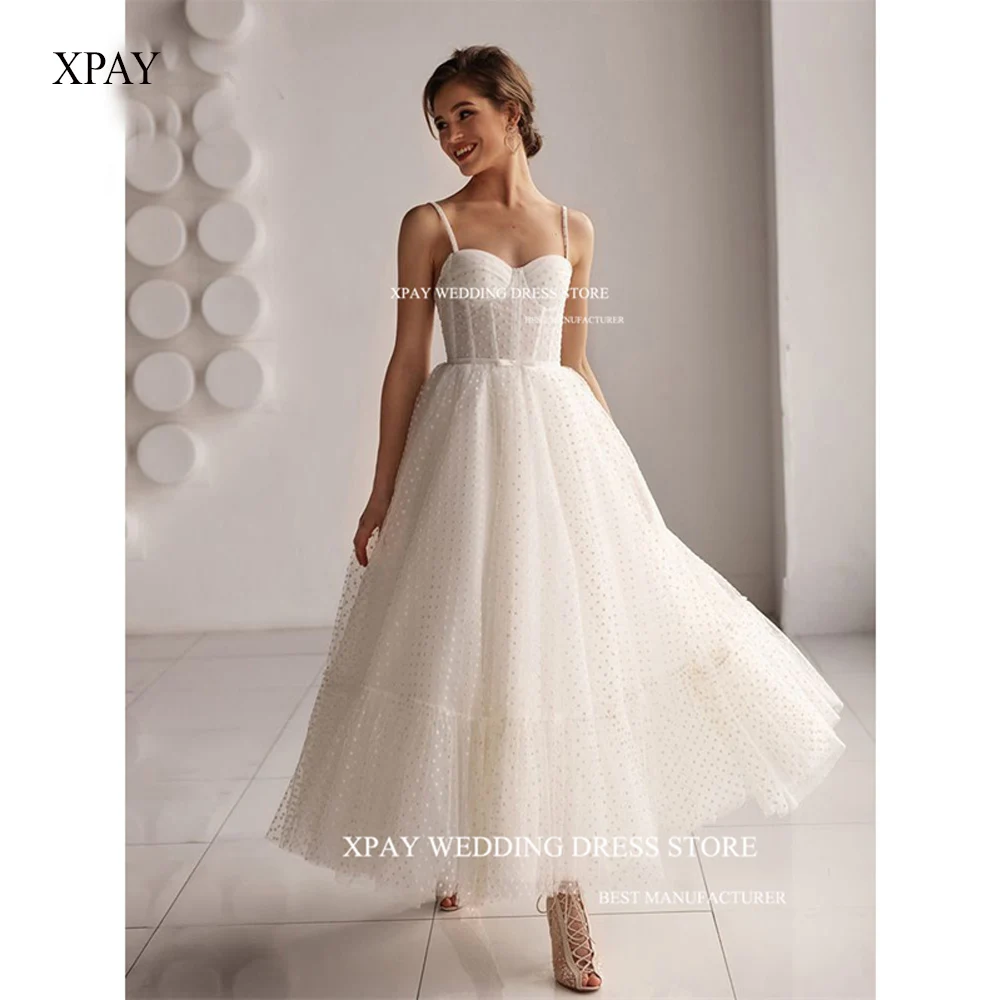 

XPAY Vintage Ivory Ankle Length Wedding Party Dresses Spaghetti Straps Dotted Tulle Corset Bridal Gowns Bride Recepition Prom