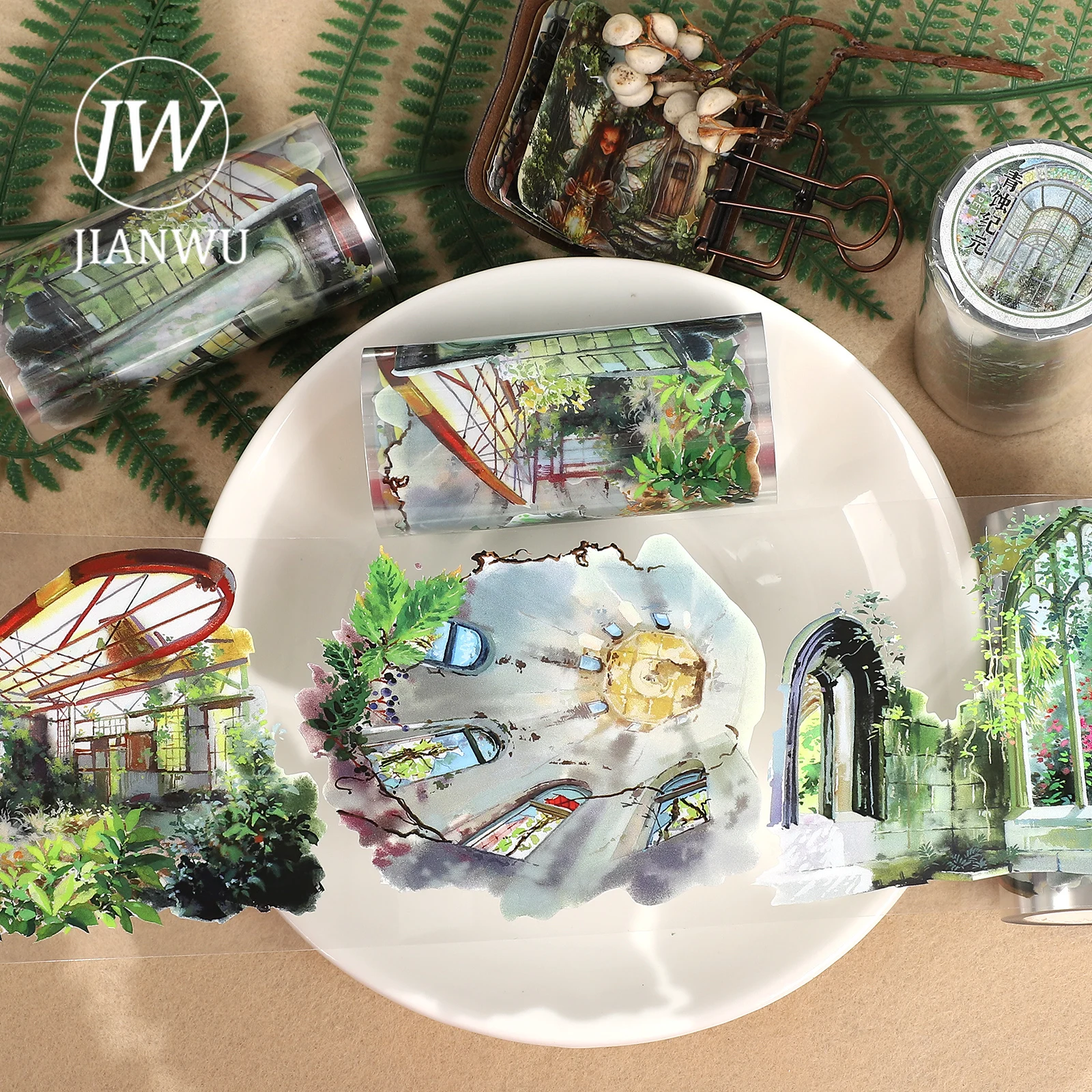 Taśma PET JIANWU 80mm*500cm Vintage Garden Window Plant Landscape Material Collage Scrapbook Kreatywna Taśma DIY do Dziennika i Artykułów Papierniczych
