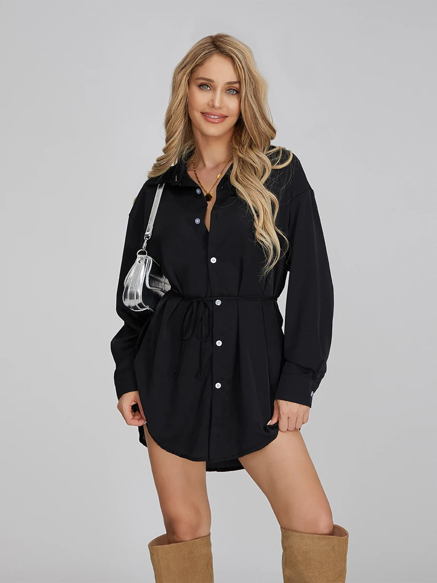 Women Satin Covered Nights Jumpsuit Solid Color Long Sleeve Lapel Collar Button-down Romper Casual V Neck Tunic Mini Shirt Dress