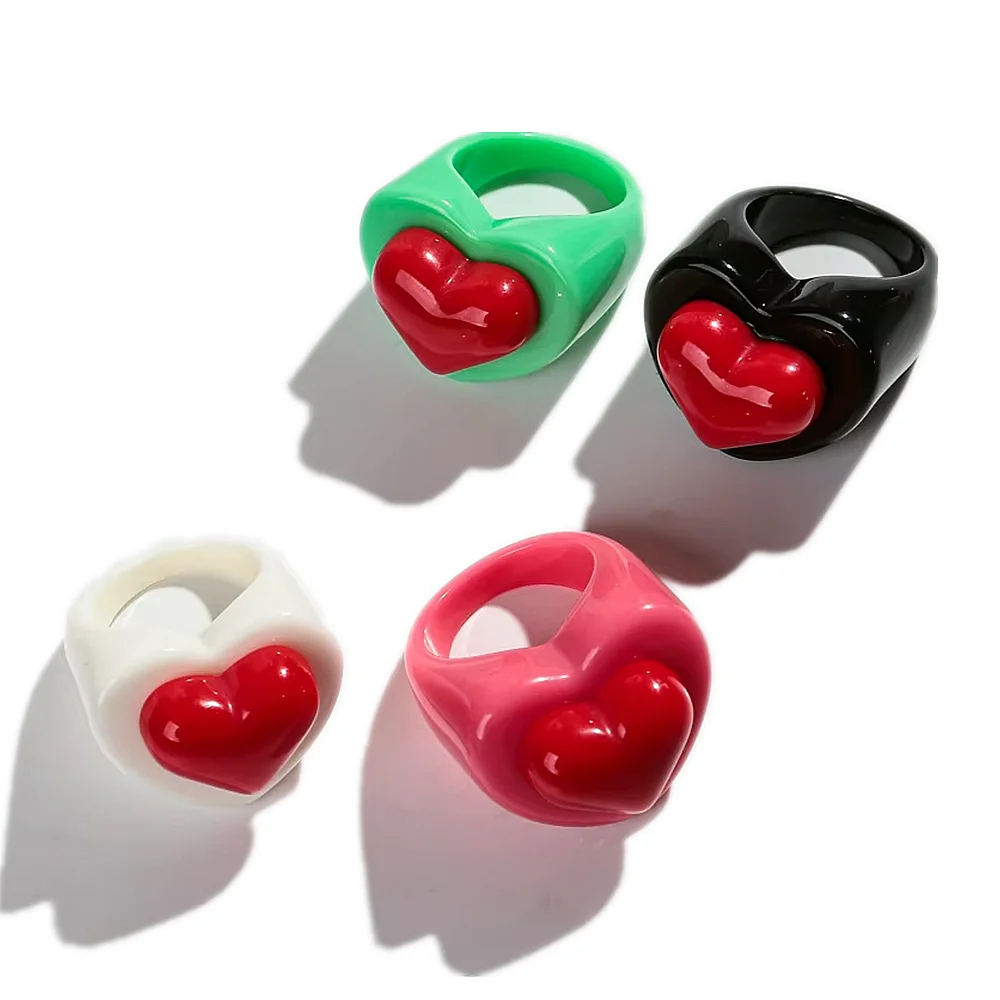 New Acrylic Love Heart Rings for Women Cute Korean Resin Geometric Big Red Heart Shaped Ring Girls Fashion Jewelry Gifts