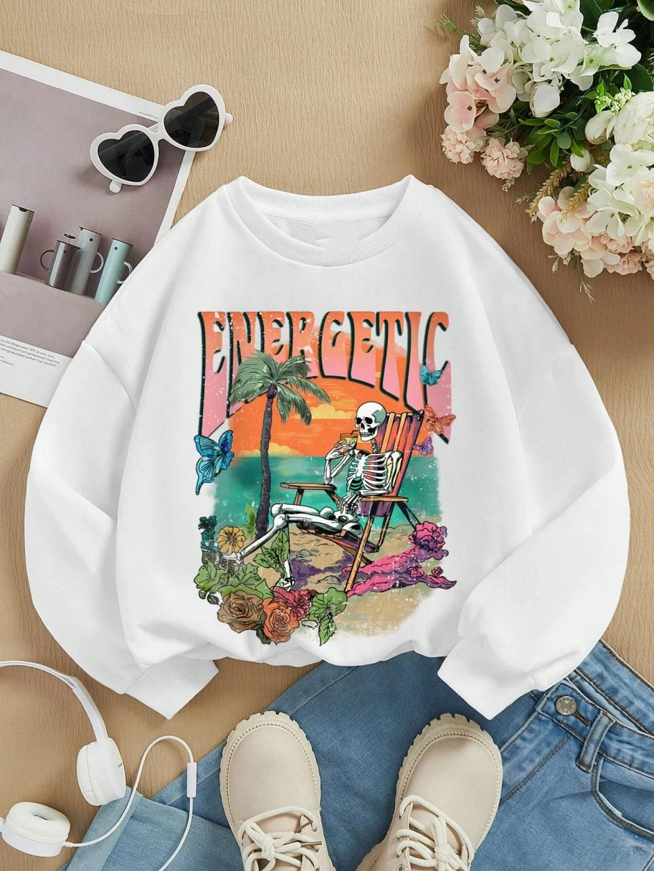 

Fashion Women's Sweatshirts Vacation Skull Printing Pullovers Fleece Warm Comfortable Crewneck Hoodies Autumn Winter Clothing